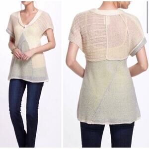 Anthropologie Cap Sleeves Open Knit Wool Blend Tunic Sweater Cream Gray Sz L SOF